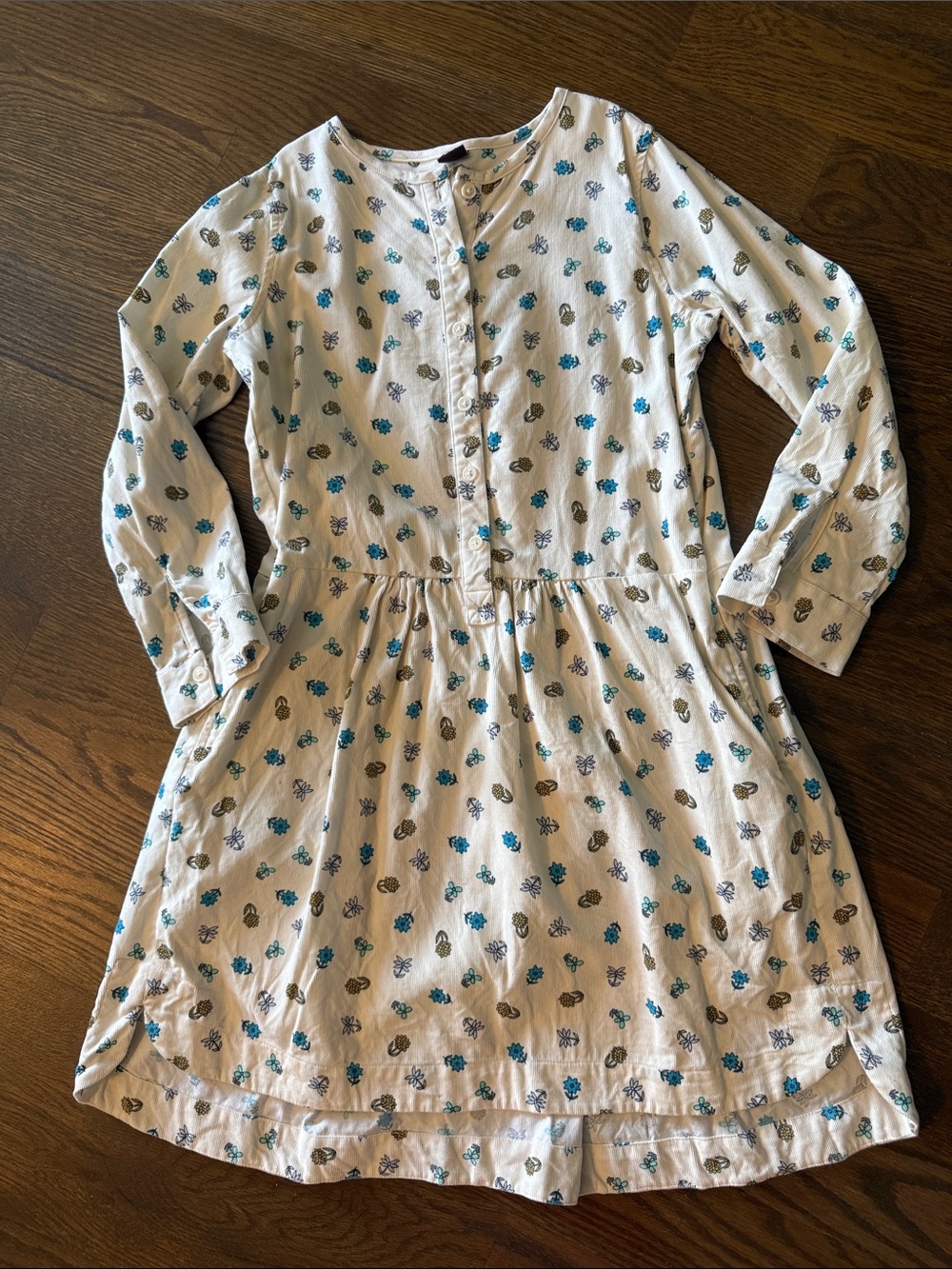 Tea Collection Cream Button-Front Floral Cotton Dress with Blue & Brown Accents